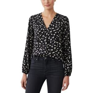 Lush V-Neck Button Up Long Sleeve Blouse Black Ivory NWT Women’s Medium